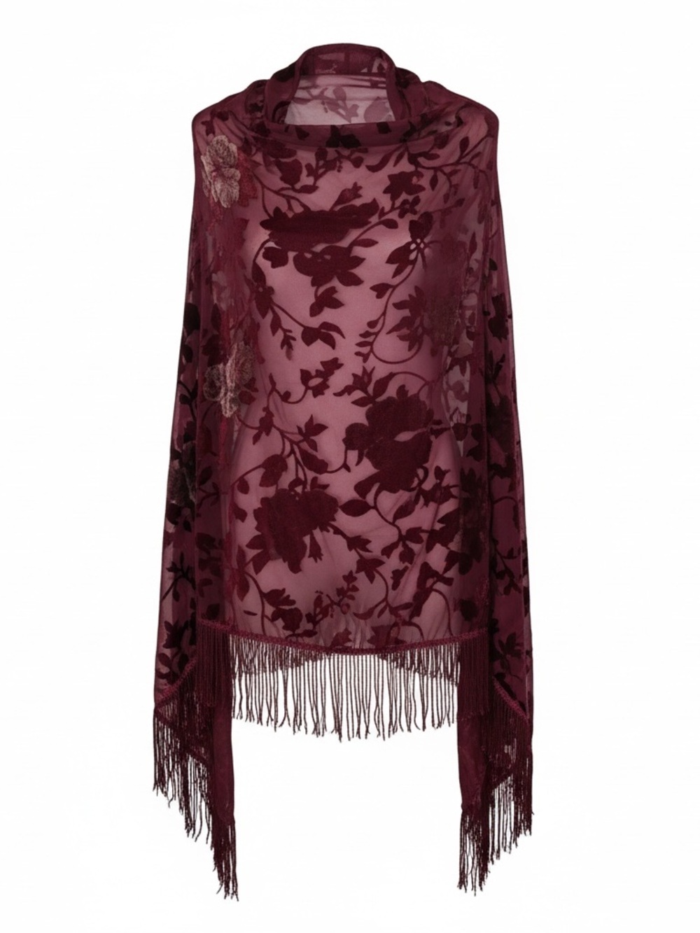 Sheer Floral Burnout Fringe Shawl - Burgundy